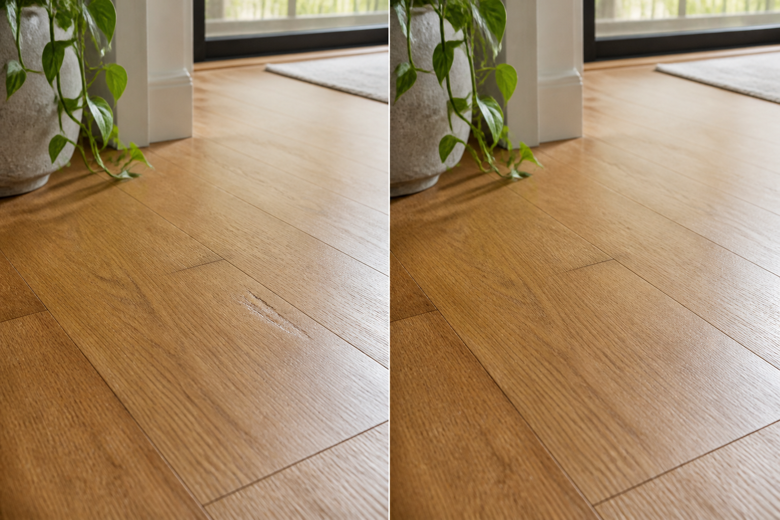 Natural oak flooring before and after a small local scratch repair