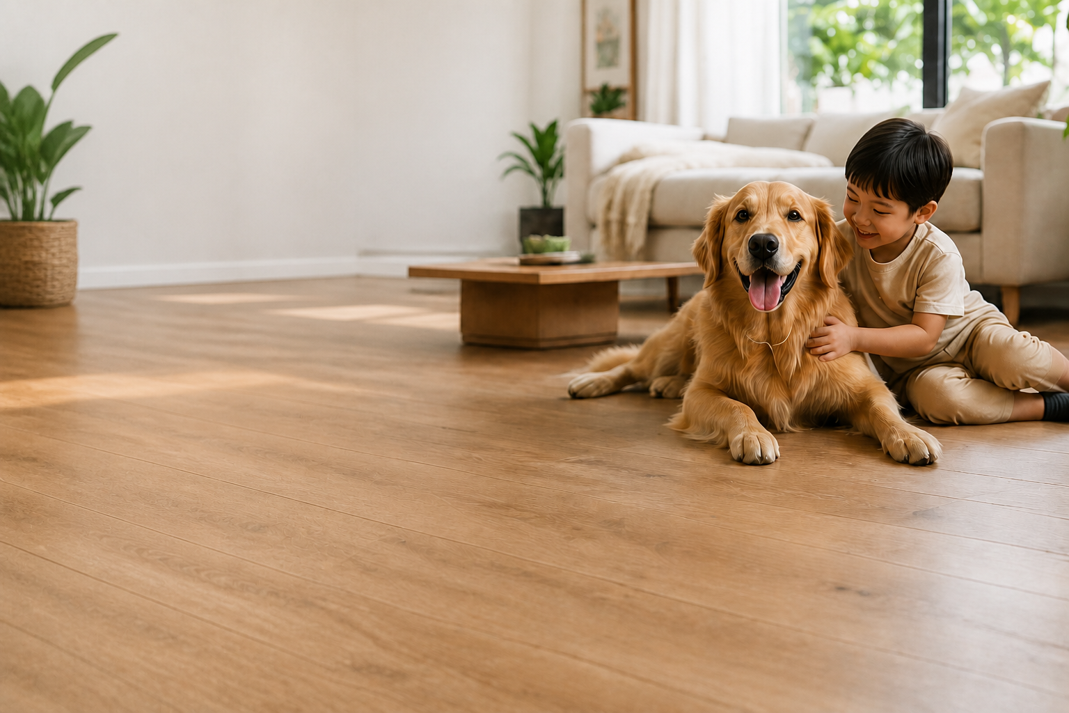 Child playing with a golden retriever on pet-friendly Ohanory flooring