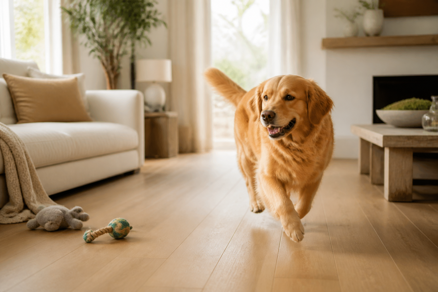 Golden retriever running freely across a warm natural oak floor