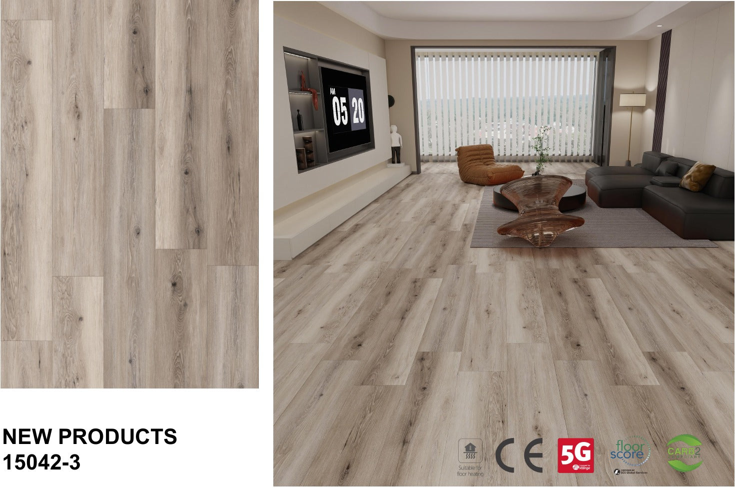 15042-3 weathered greige floor board sample and matching room effect