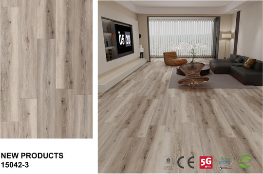 15042-3 weathered greige floor board sample and matching room effect