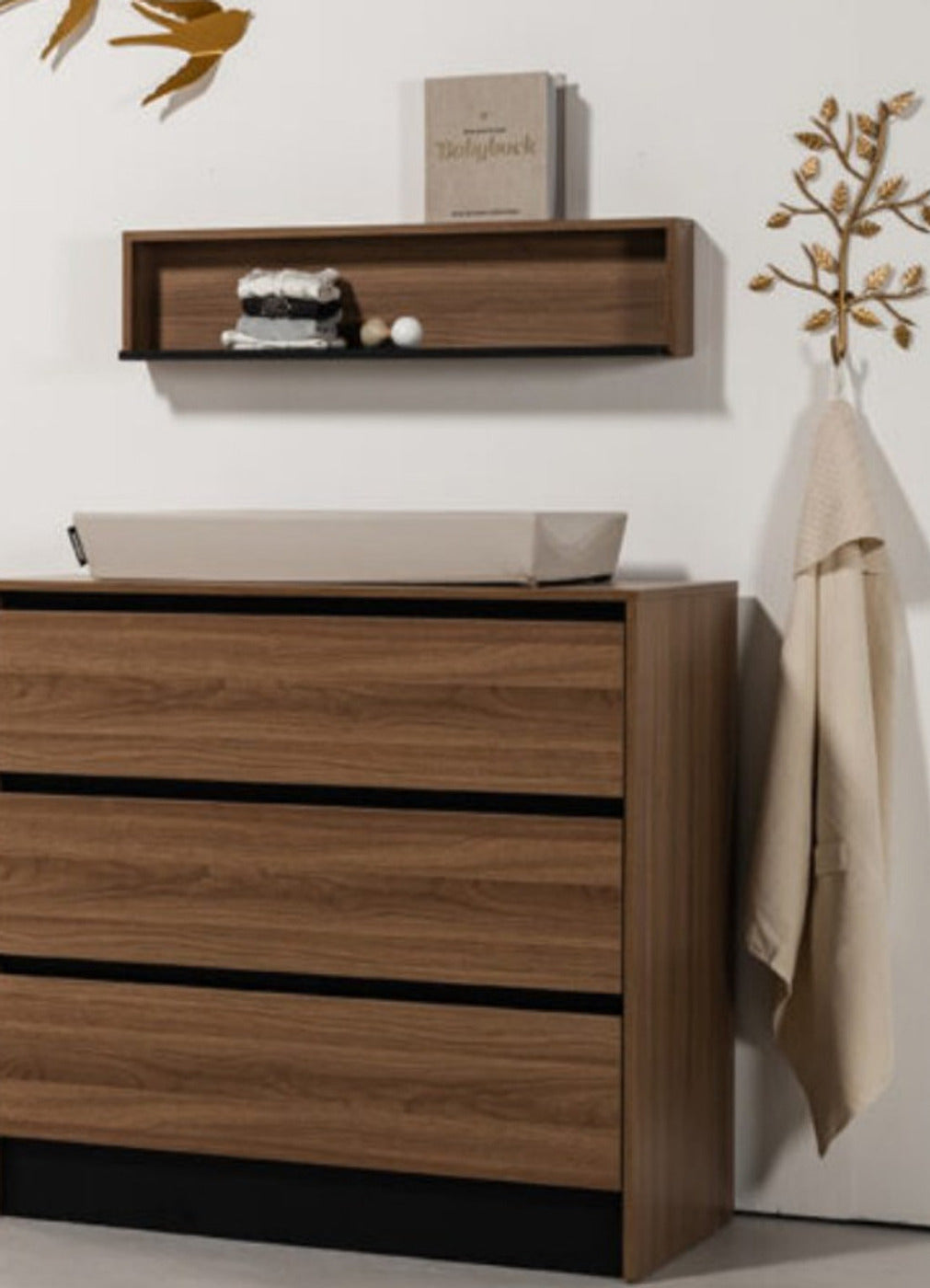 Walnut Nest Growing Room low cabinet with safety rail
