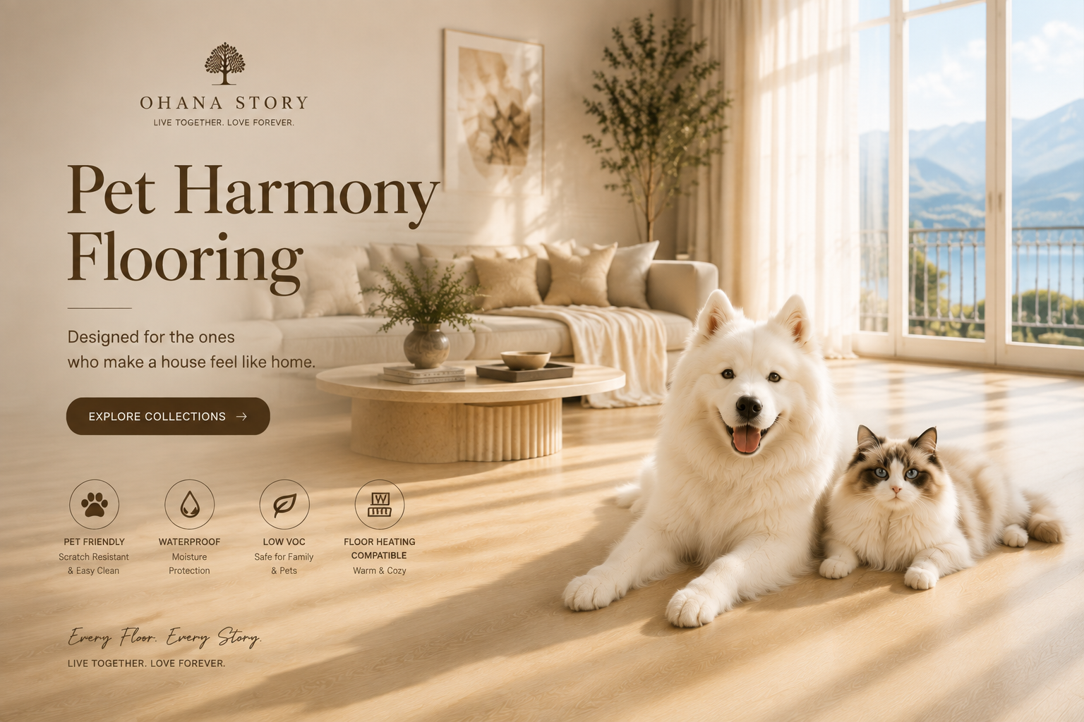 Pet Harmony Flooring interior with a white Samoyed, a cat and light pet-friendly flooring