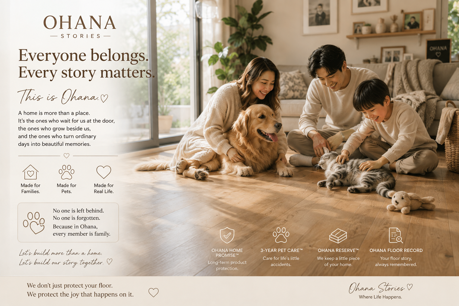 A family relaxing with their dog and cat in a warm home with natural wood flooring