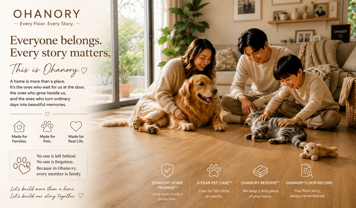 Ohanory family, dog and cat sharing a warm home on natural wood flooring