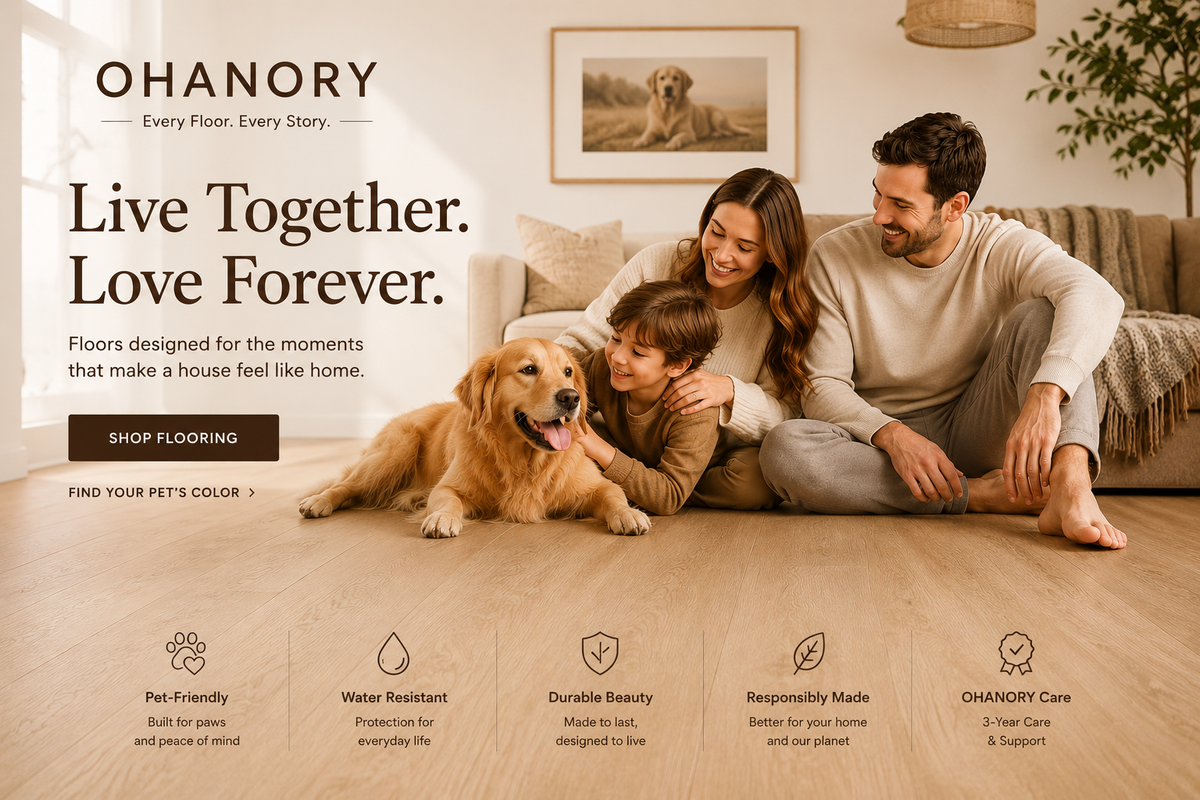 Warm pet-friendly flooring in a family living room with parents, child and Golden Retriever