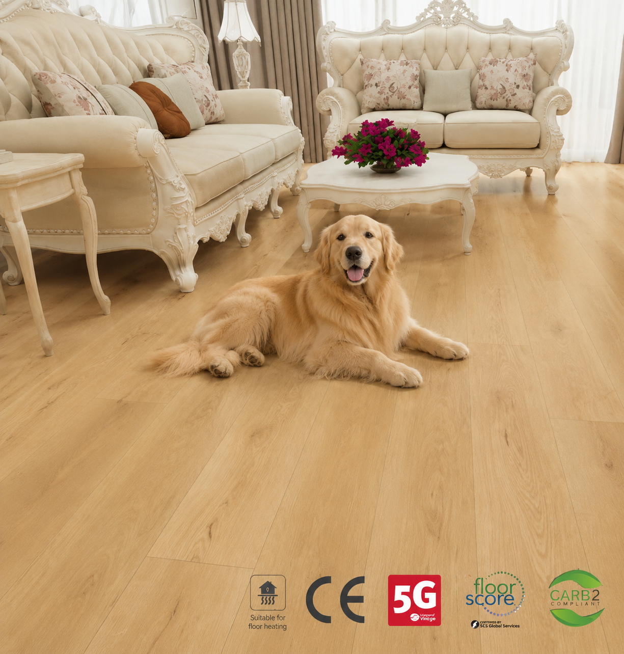 Pet-friendly golden oak wood-look flooring in an elegant living room with a golden retriever