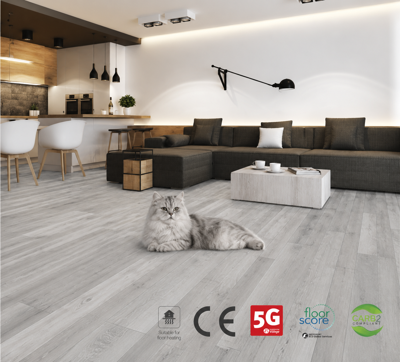 Pet-friendly silver grey wood-look flooring in a modern living room with a grey cat