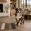 Tricolor dog with four pet-inspired flooring color samples in a premium living room