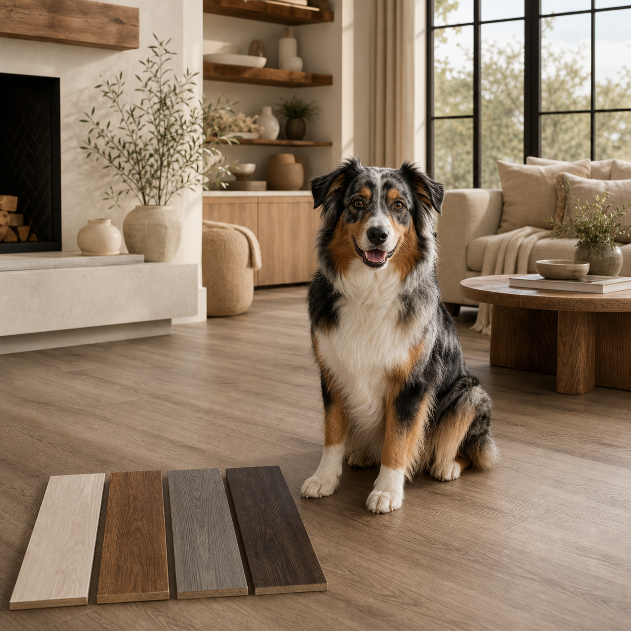 Tricolor dog in a premium living room with pet-inspired flooring samples