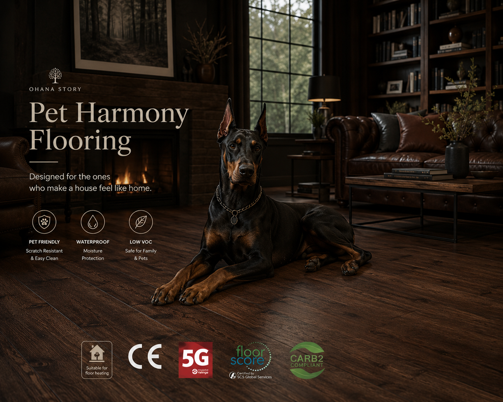 Doberman resting on dark walnut pet-friendly flooring in a refined library
