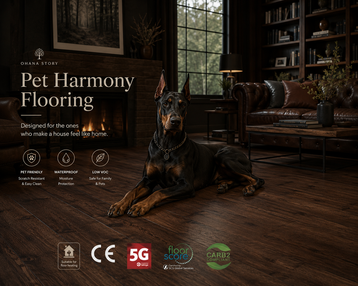 Doberman resting on dark walnut pet-friendly flooring in a refined library