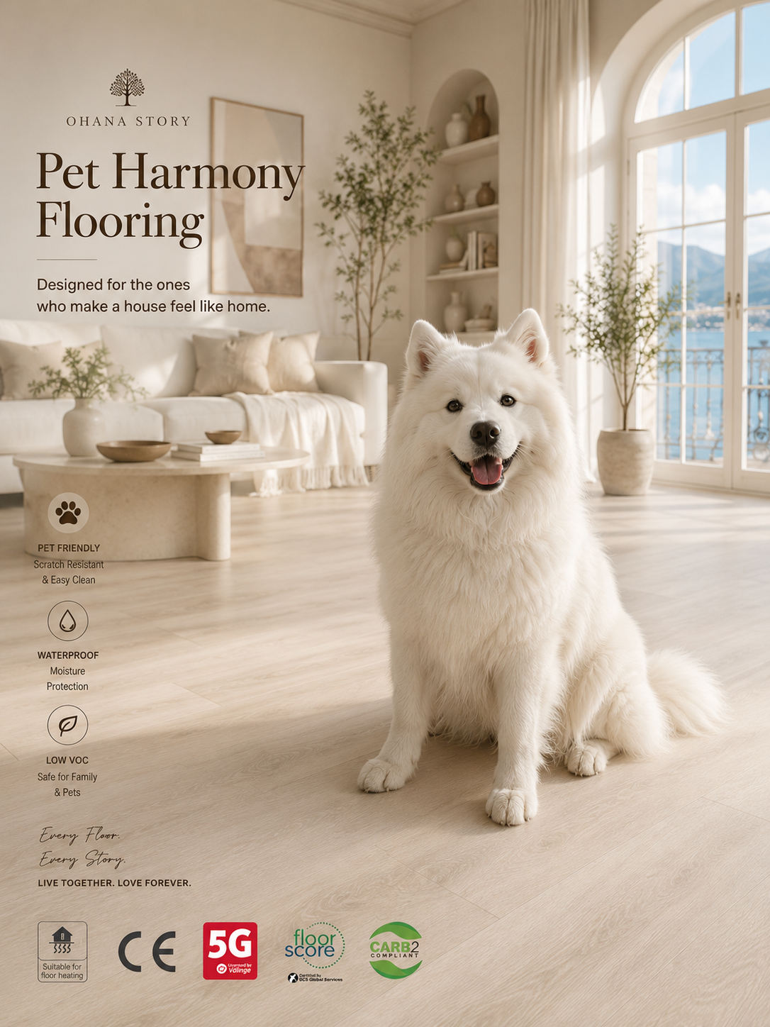 White Samoyed on light ivory oak pet-friendly flooring in a bright interior